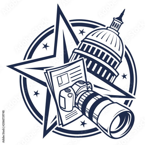 Capitol building with star and camera newspaper.