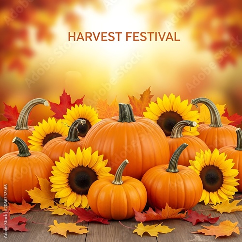Harvest Festival Celebration with Pumpkins, Sunflowers, and Autumn Leaves.