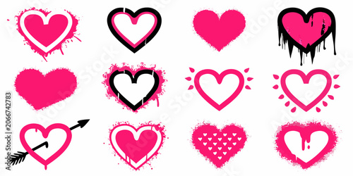 Collection Of Pink Heart Icons With Spray Paint And Drip Effects