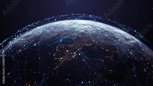 Global network earth concept featuring interconnected digital nodes and communication links, representing AI, cloud computing, big data, internet connectivity, cybersecurity, and future technology inf