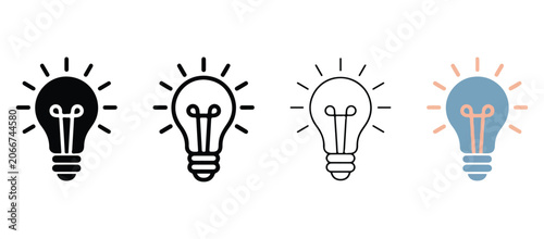 Light bulb icons in different colors and styles  black  white  gray  blue  lightbulbs with rays  various lightbulb designs