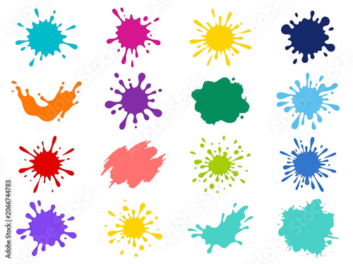 A vibrant collection of colorful paint splatters on a white background with various artistic splsh designs.