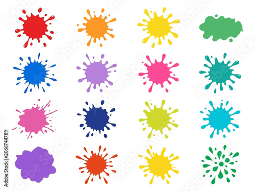 Colorful splashes of paint create a vibrant illustration on a white background with various shapes and sizes.