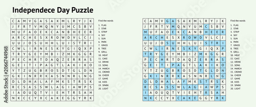 Independence Day puzzle grid with numbers and highlighted solutions  