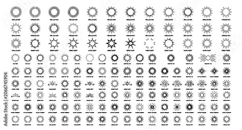 Radiating rays and sunburst icon collection with circular energy symbols vector illustration