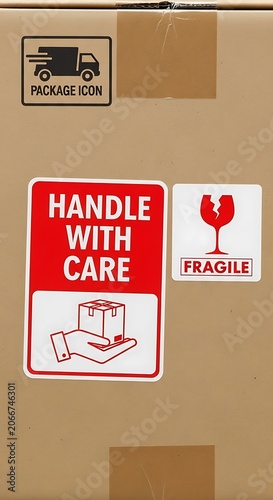 Shipping Box with Handle with Care and Fragile Stickers for Safe Delivery.