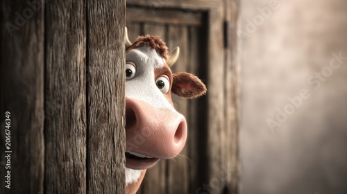 Cute Farm Cow Looking Out from Barn Entrance with Friendly Expression