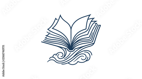 Minimalist line art illustration of an open book rising from stylized swirling clouds.