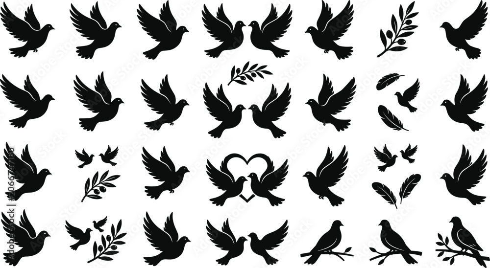 Obraz premium Peace Dove Silhouette Vector Element Set with Flying Birds, Olive Branch Twigs, Feathers, Heart Shapes, and Perched Pigeons for Wedding Graphic Designs