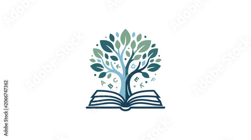 Stylized tree growing from an open book representing knowledge and growth.