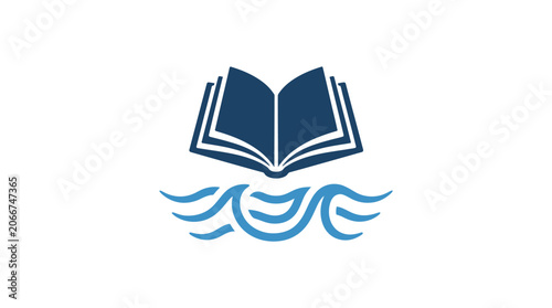 A stylized graphic icon featuring an open book resting above flowing blue water waves.