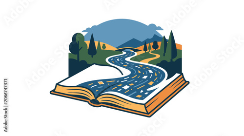 An open book featuring a winding river landscape emerging from its pages.