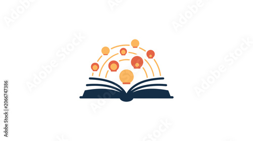 An open book icon with floating glowing spheres representing knowledge and ideas.