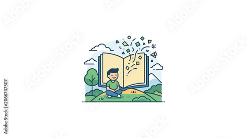 A young boy sitting and reading a magical open book outdoors.