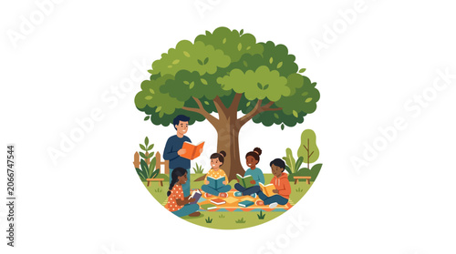 A teacher reading a storybook to a group of diverse young students sitting under a large tree.