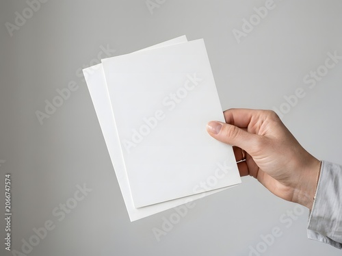 Hand Holding Blank White Flyer Mockup Isolated on Gray Background