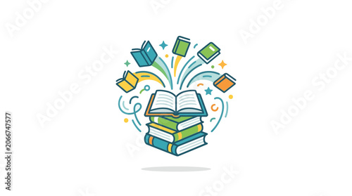 A colorful hand drawn illustration of a stack of books with flying pages.