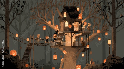 Whimsical Treehouse Celebration Lit by Jack O Lanterns and Floating Candles