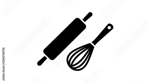 Black silhouette of a rolling pin and whisk on transparent background