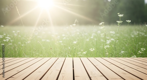 Wooden Deck Platform with Sunny Meadow Background and Copy Space