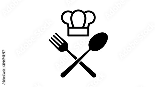 Black silhouette of chef hat with crossed fork and spoon on transparent background