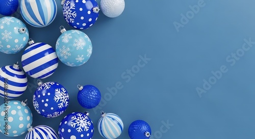 Blue Christmas Baubles Border on Pastel Blue Background with Copy Space