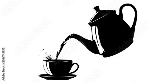 Black silhouette of a teapot pouring water into a cup on a saucer isolated on transparent background