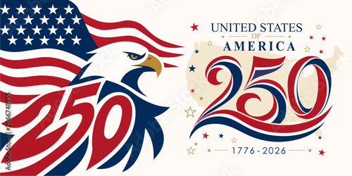 USA 250 years semiquincentennial horizontal banner template. Features a powerful bald eagle graphic, a waving American flag, artistic swirl 250 typography, and a United States map silhouette backdrop.