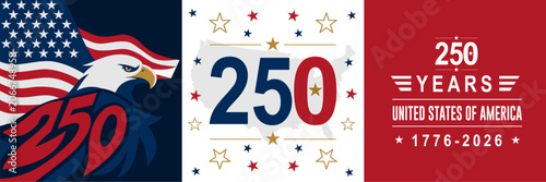 USA 250 years semiquincentennial horizontal banner template. Features a powerful bald eagle graphic, a waving American flag, artistic swirl 250 typography, and a United States map silhouette backdrop.