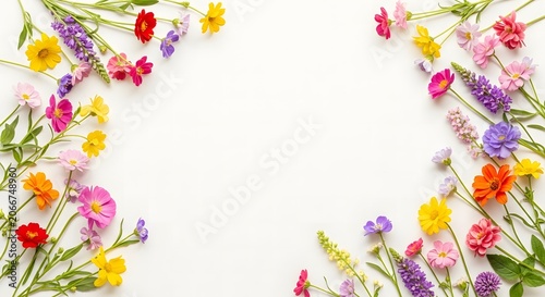 Colorful Spring Flower Frame Border on White Background with Copy Space