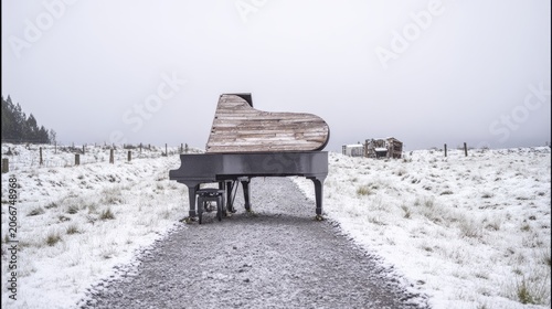 Atmospheric Snowfall Scene with Abandoned Piano and Empty Road