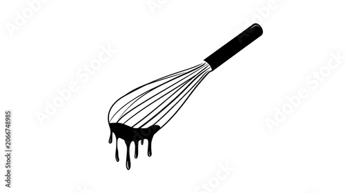 Black whisk with dripping chocolate or ink on isolated transparent background