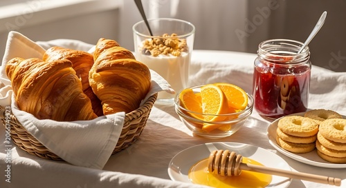 Delicious Breakfast Still Life with Croissants and Orange Slices.