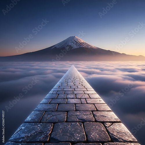 Stone path to mountain peak above clouds at sunset.