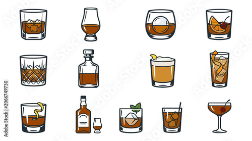 Vector icons of various whiskey glasses and cocktail drinks