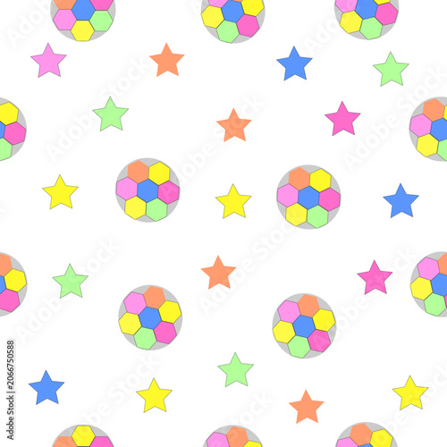 Seamless Kids Pattern with Colorful Stars and Geometric Balls on Light Background