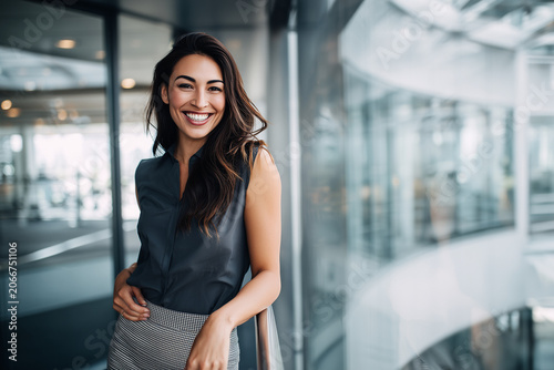 Attractive happy young founder, formal skirt, venture development session, entrepreneurial mindset, professional portrait