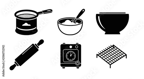 Baking and Cooking Icons: Rolling Pin, Oven, Bowl, Pot, Whisk, Cooling Rack
