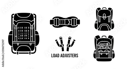 Backpack Icon Set: Hiking, Travel, Camping Gear Illustrations