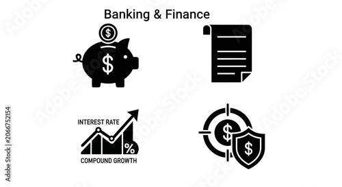 Banking and Finance Icons: Piggy Bank, Document, Growth Chart, Target Shield