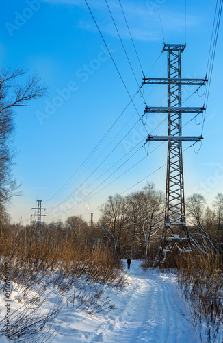 High voltage power lines and towers stretching across a snowy winter landscape with forest. Electricity transmission and power grid infrastructure.