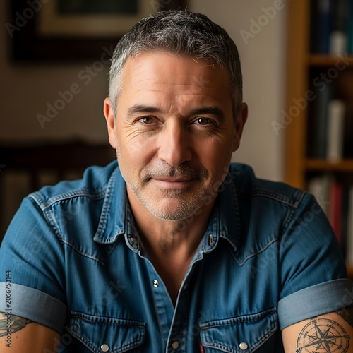 Portrait of a Mature Man with Tattoos in Denim Shirt.