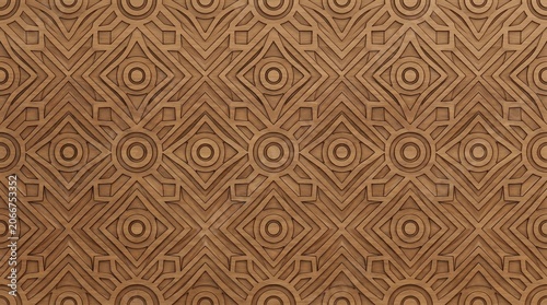 Ornate carved wood wall panel with geometric patterns and repetitive circular mandala designs in a seamless brown texture