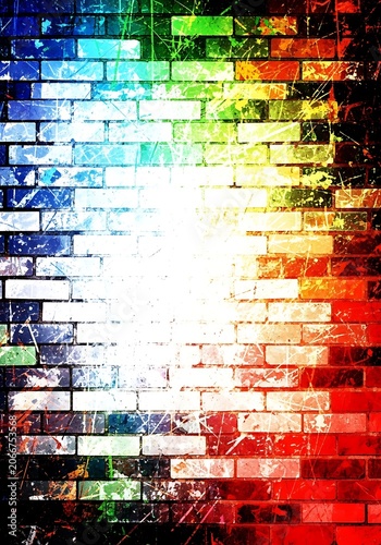 Colorful Brick Wall with Vibrant Light and Abstract Design.