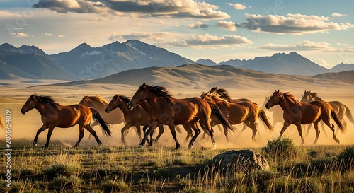 Wild Horses Running Free Across the Plains at Sunset.