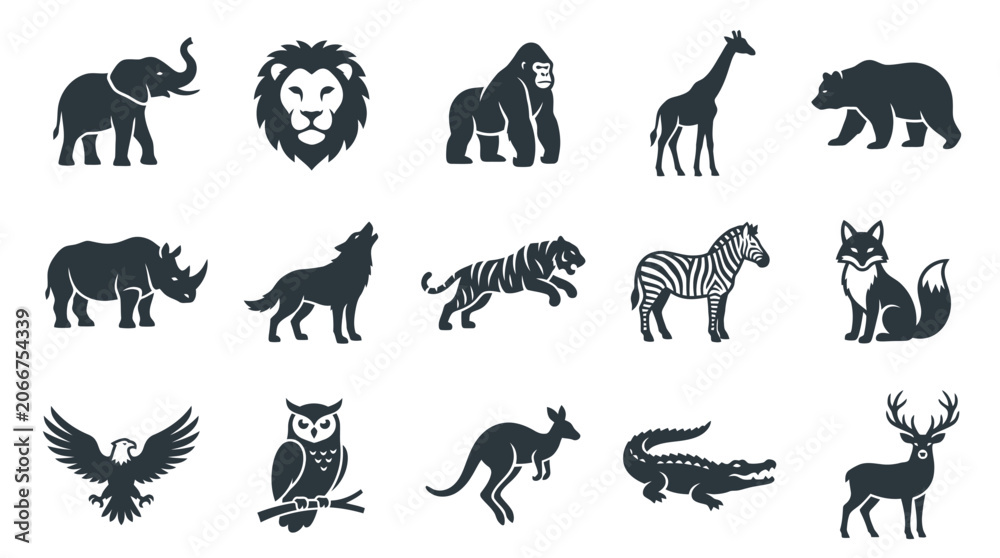 Obraz premium Collection of black animal silhouettes on a white background