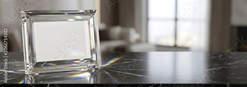 Blank Crystal Picture Frame on Marble Table with Rainbow Light.