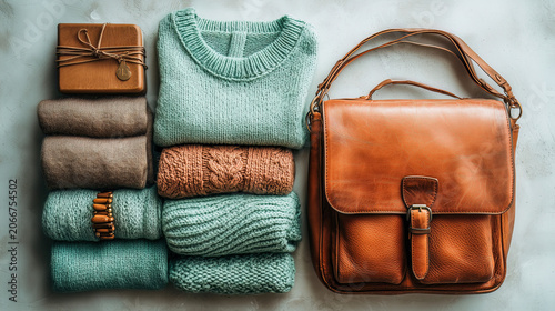 Flat lay arrangement of organized fall wardrobe essentials including folded sweaters, knit garments in mint and rust tones, leather messenger bag, and wooden gift box with twine.