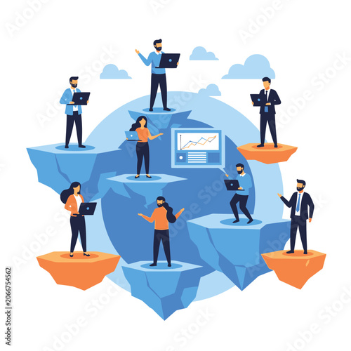 Global business team working remotely on laptops with data dashboard vector illustration