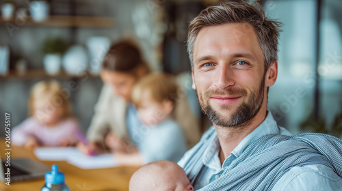 Portrait of smiling man holding infant in modern kitchen with blurred family in background. Candid family moment capturing togetherness and parenthood.
